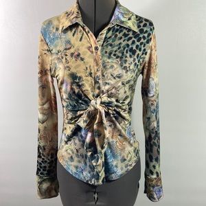 BOHO CHK Long Sleeve Floral Tie Up In Front Top Size S